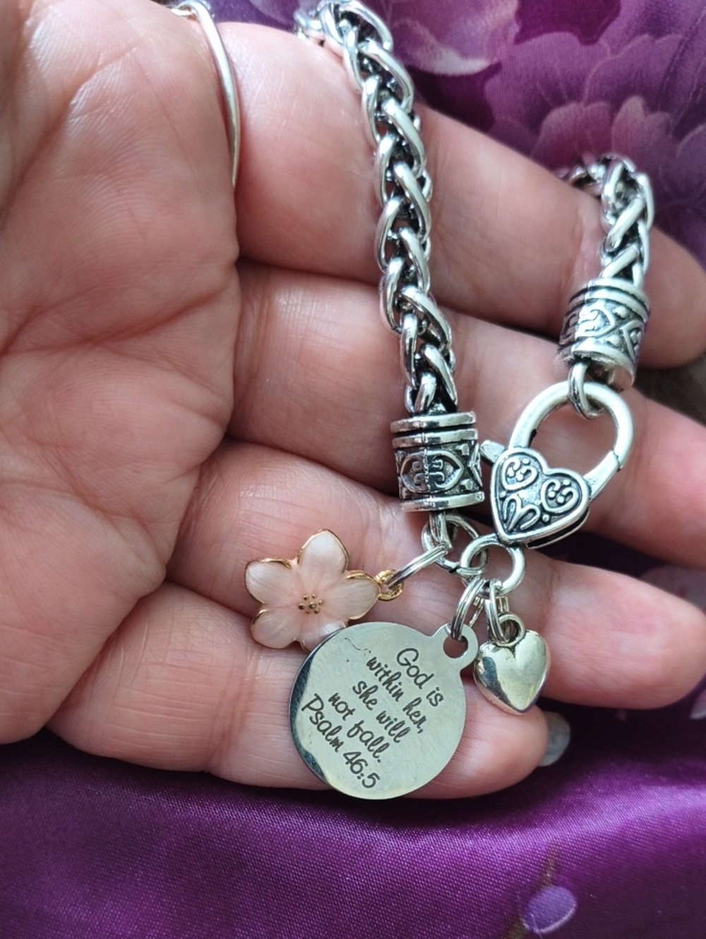 Inspirational Beautiful Silvertone Bracelet. Psalm 46:5 W/Enamel  GoldtoneFlower